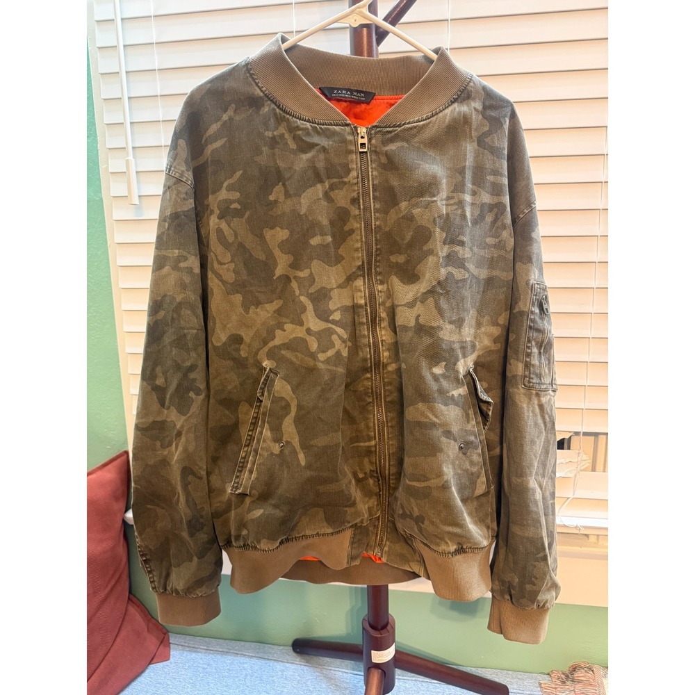 Zara Man Camo Bomber Jacket Mens XL Olive Camouflage Orange Lined